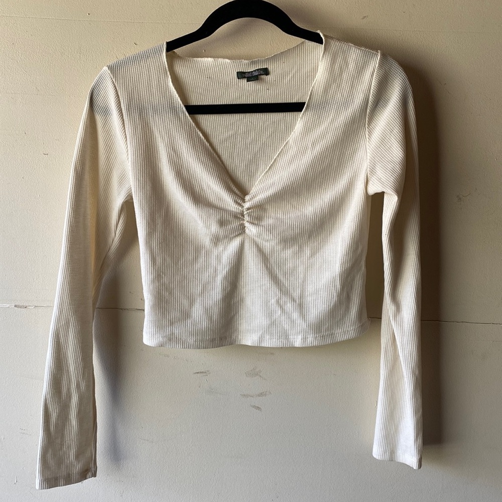 Ivory Cinched at the Boob Cropped Long Sleeve Top